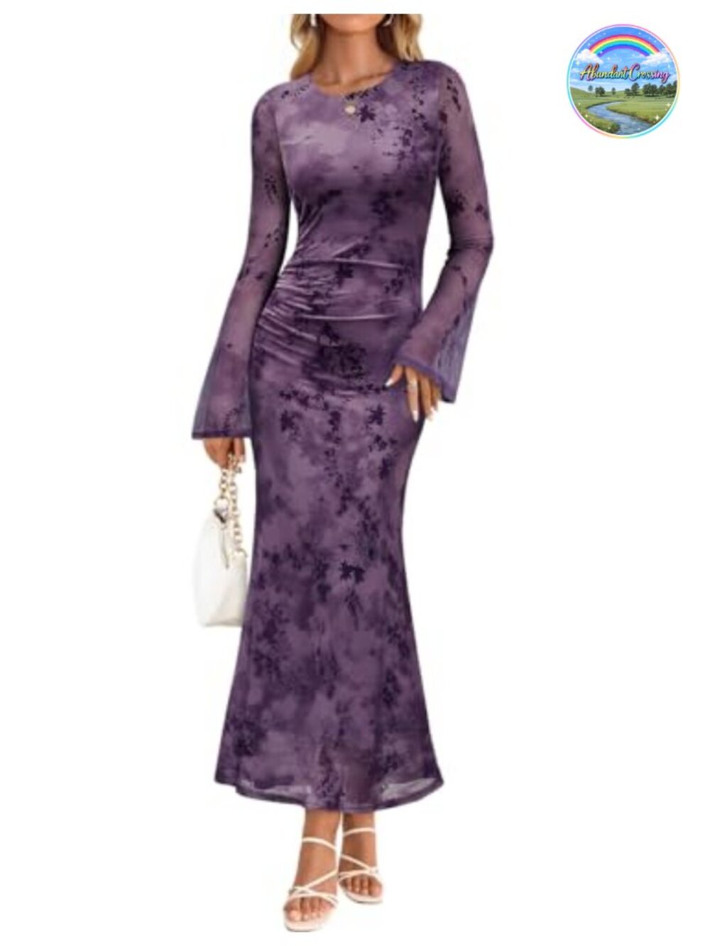 Women's Long Sleeve Floral Mesh Bodycon Ruched Maxi Formal Party Dress